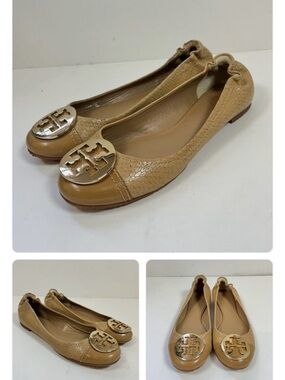 Tory Burch Reva Snake Embossed with Gold Logo Tan Ballet Flats
